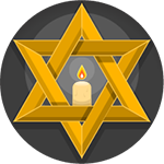 Gold Star of David on Black circle with lit candle in the middle